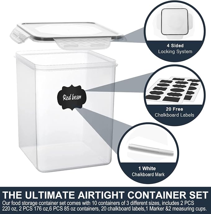 VERONES Large Tall Airtight Food Storage Containers, 10 PACK Containers Set | Plastic Airtight Kitchen & Pantry Organization, Ideal for Flour & Sugar Plastic Canisters with Labels