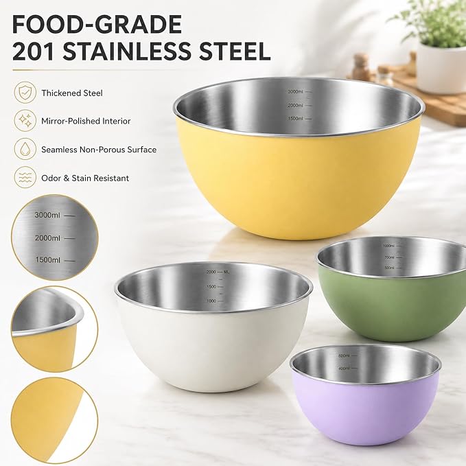 Stainless Steel Mixing Bowls Set of 4, Nesting Metal Bowl Set 0.6/1/2/3 Qt | Assorted Yellow White Purple Green for Food Prep, Baking, Cooking, Serving – Dishwasher Safe