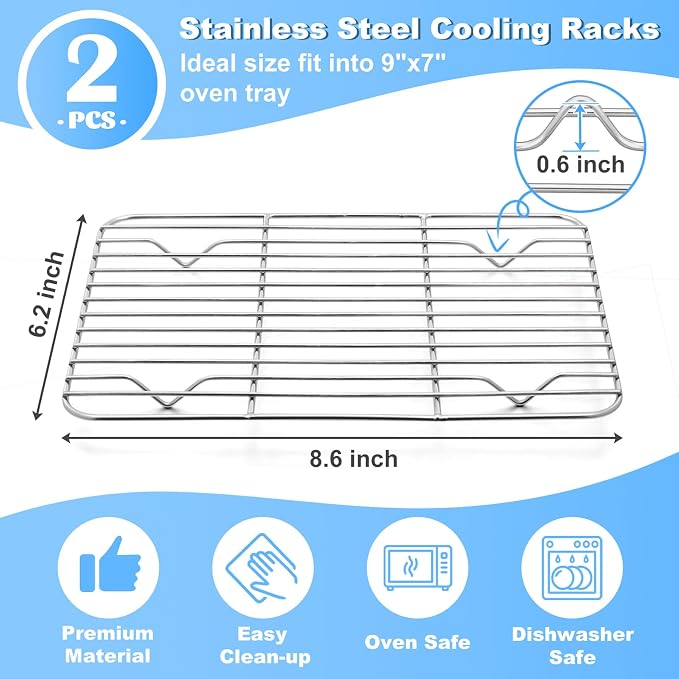 P&P CHEF 8.6" x 6.2" Cooling Baking Wire Racks Pack of 2, Silver | Stainless Steel Cooling Racks for Cooking Baking Roasting Grilling Drying, Dense Wires & Smooth Edge, Easy Clean & Rust Proof