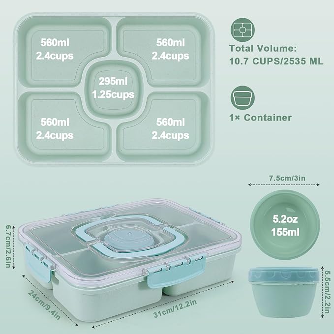 Large Snackle Box Container with Dip Container, 5 Compartments Snack Container with Lid and Handle, Veggie Fruit Divided Serving Tray for Party, Picnic, Dishwasher Safe, BPA-Free