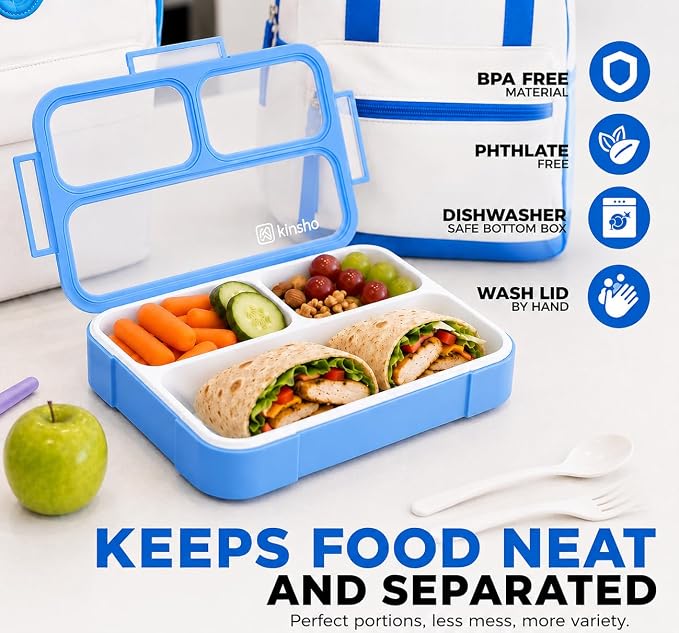 Bento Lunch Box Kids & Adults, Lunch and Snack Containers for Boys & Girls with 3 Compartments - School, Work Daycare, Meal Planning Portion Control Container, BPA-Free Boxes, Utensils, Blue 1 pack