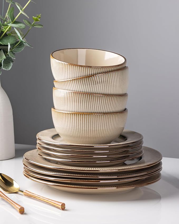 GBHOME Ceramic Dinnerware Sets of 4,12 pcs Plates and Bowls Sets Dishes | Embossed Elegant Stoneware Dishes Set | Dishwasher & Microwave Safe | Service for 4