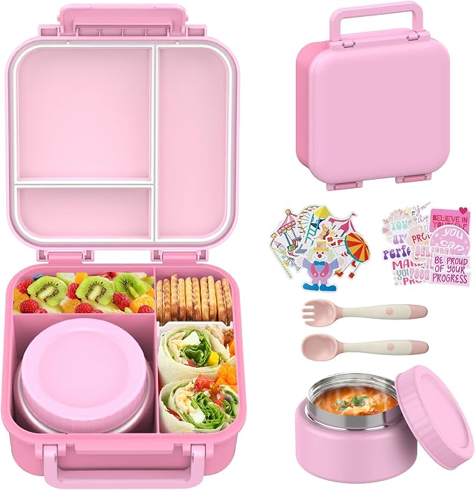 Bento Lunch Box for Kids with 9oz Thermo, Waterproof Kids Stickers, Leak-proof Lunch Containers with 3 Compartments,Kids-friendly Size,Durable/Dishwasher Safe Lunch Box for School Outdoors-Pink