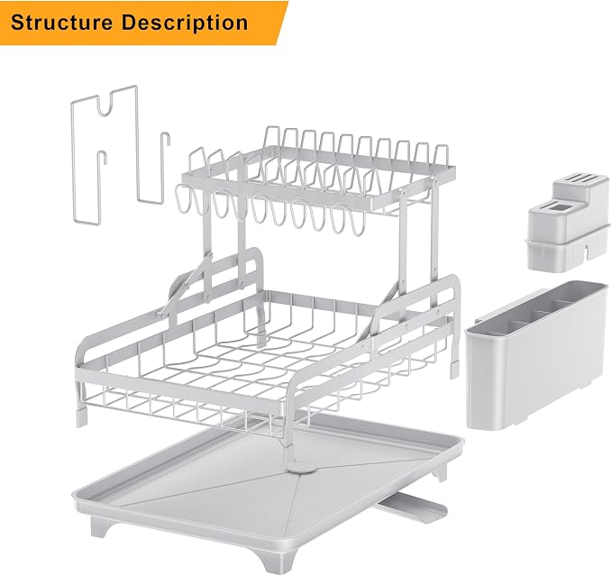 2 Tier Dish Drying Rack without Installation Metal for Kitchen Counter | for 1-3 People with Drain Board Multifunctional Storage and Drainage Apartment Essentials
