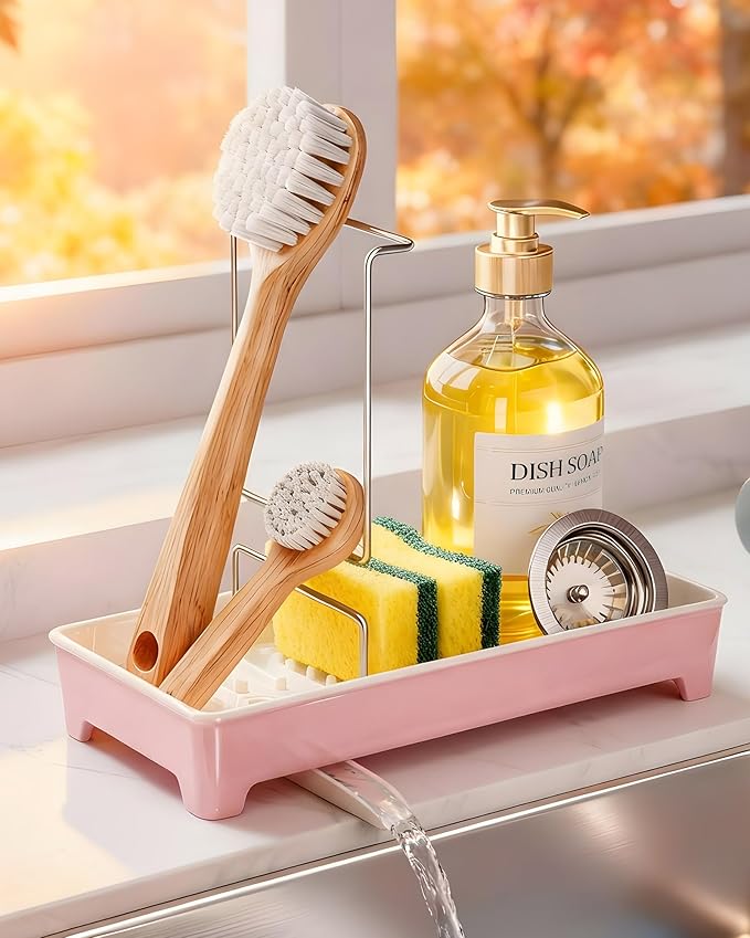 Minimalist Sink Caddy, Rustproof Sponge Holder for Kitchen Sink Pink | Large Rustproof countertop organizer with 304 stainless steel brush holder, raised ridges and silicone drain tube