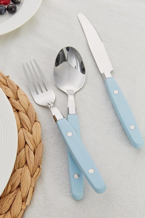 ANNOVA Silverware Set, Retro/Rivet Colorful Stainless Steel Tableware Kitchen Flatware Set Utensils, Includes Dinner Knives, Forks, Spoons, Salad Forks & Dessert Spoons (Sky Blue, 20 Pieces)