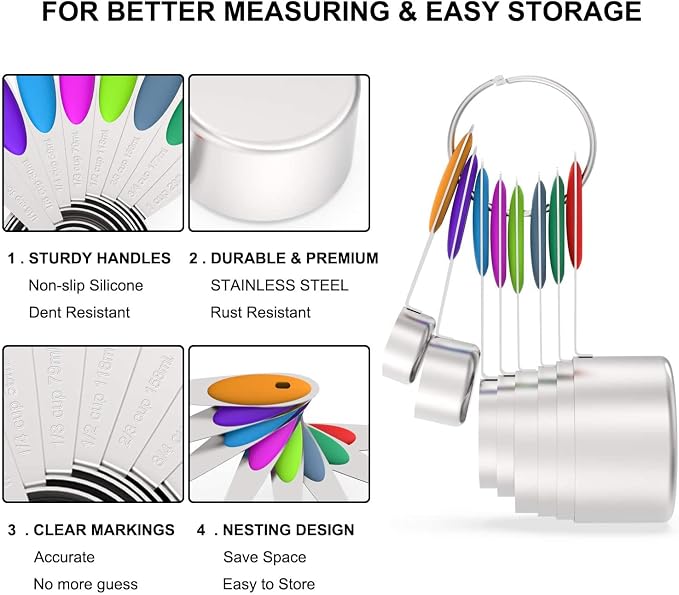 Wildone Measuring Cups and Magnetic Measuring Spoons Set, 16Pcs | 8 Stainless Measuring Cups, 7 Double-sided Magnetic Measuring Spoons & leveler for Spice Jar and Liquid Measuring, Multicolor