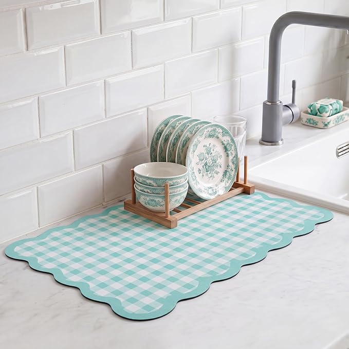 Aqua Sky Scalloped Gingham Coffee Mat 12" x 20" Absorbent Bar Mat | Gingham Espresso Matt with Non Slip Rubber Backing for Coffee Countertops