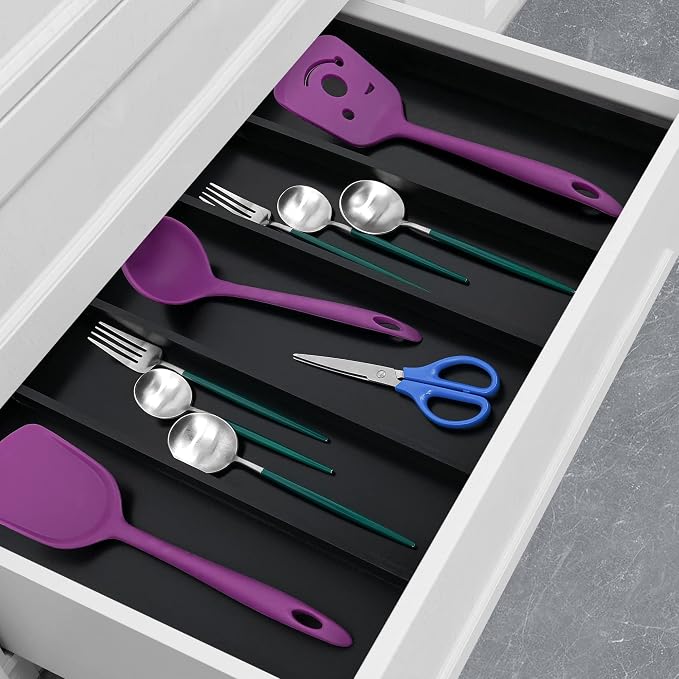 Utoplike Bamboo Drawer Organizer Kitchen Utensils, Silverware Tray Black | Adjustable Cutlery Holder Organiser, Expandable Drawer Divider for Flatware, Knives in Kitchen, Bedroom, Livingroom, 3-5 Slot