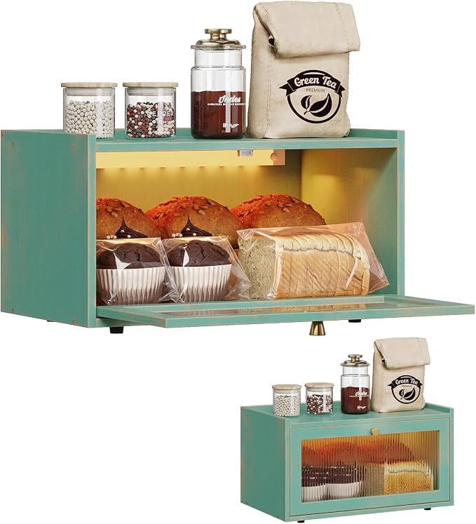 Trironsun Bamboo Bread Box with Led Light for Kitchen Counter Large Capacity Bread Storage Container Kitchen Countertop Organizer with Window Bread Holder (Antique Blue)