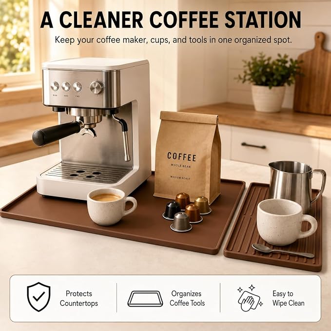 Silicone Coffee Mat 24 x 16 in with Tray, Classic Coffee Brown | Coffee bar mat for countertop use, coffee station mat or coffee machine mat with removable tray and 0.47 in raised rim.