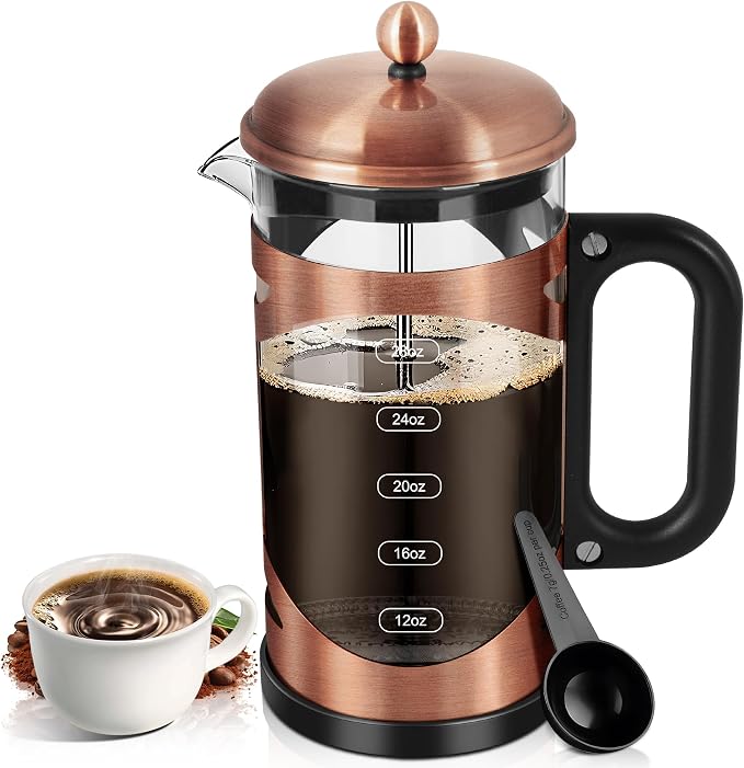 YMMIND 34 Ounce French Press Coffee Maker Copper Stainless Steel Coffee Press, with 4-Level Filter System, Heat Resistant Thickness Borosilicate Glass, BPA-Free Brewed Coffee Pot for Camping Gifts