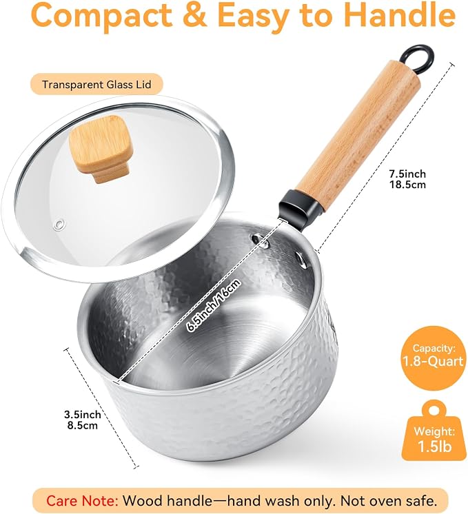 WANGYUANJI 1.8 Quart Stainless Steel Saucepan with Lid, Tri-Ply Steel Small Sauce Pan, Coating-Free Interior, Hammered Finish, Induction Compatible Soup Pot with Tempered Glass Lid & Wood Handle