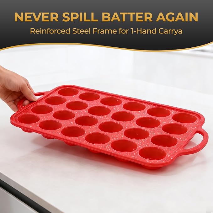 12-Cup Mini Silicone Muffin Pan with Reinforced Steel Frame,Red-Whitedot | Regular Size Cupcake Pan, BPA Free Silicone Muffin Tray, Reinforced Steel Frame for Stability, Easy Baking & Cleanup, 2Pk