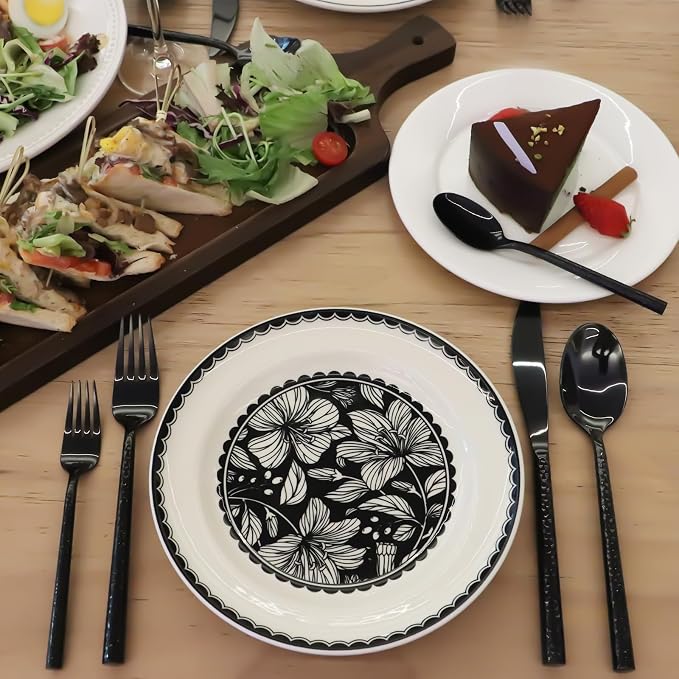 Black Silverware Set Round Hammered Handle 20 Pieces Service for 4 | 18/10 Stainless Steel Flatware Set, Hand Forged Heavy Cutlery, Mirror Finished, Wedding Housewarming Gift, Dishwasher Safe