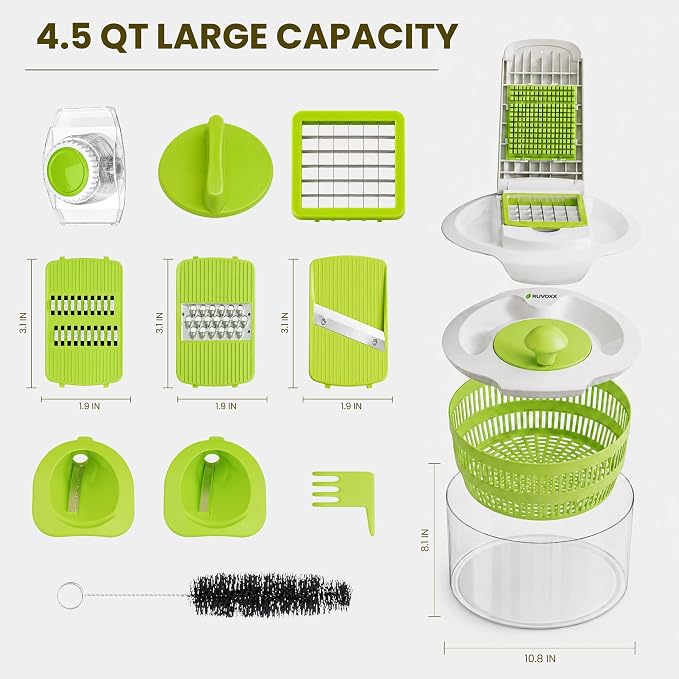 Large Salad Spinner with Slicer - 7-in-1 Lettuce Spinner, Chopper & Grater | Comes with Fruit Washing Bowl with Strainer, Julienne, Spiralizer, Ribbon Cutter and Dicer Attachments. Dishwasher Safe.
