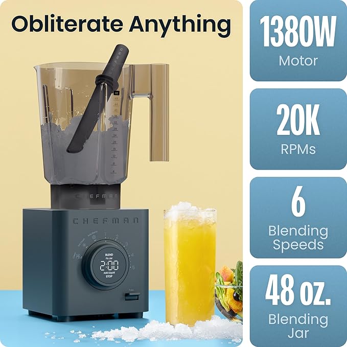 Chefman Obliterator 48 oz Countertop Blender for Smoothies, 1380W Motor to Crush Ice, Nuts, and Frozen Fruit with Stainless Steel Blade, Auto Blend Function, Includes 20 oz Travel Jar