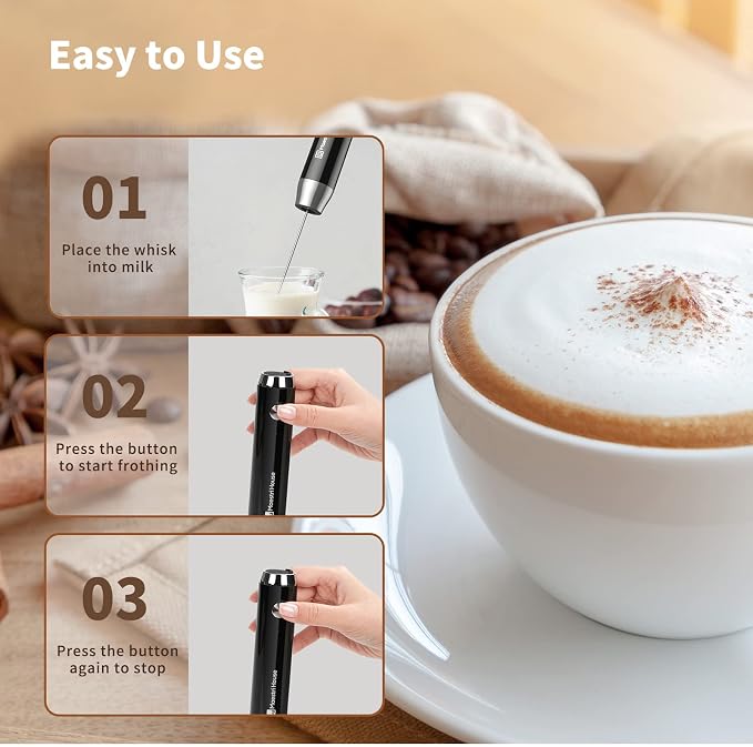 Maestri House Rechargeable Milk Frother,Stand & 3 Detachable Whisks | Lunafro Plus 8000RPM Turbo Motor, 1200mAh lithium battery, Handheld Milk Frother for, Cappuccino, Matcha & Protein Powder