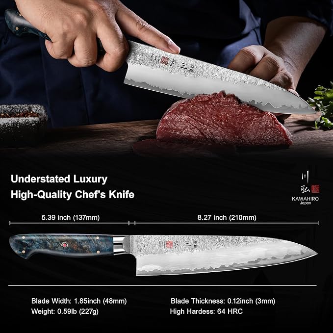 8.27" Japanese Chef Knife, SG2 Powder Steel Gyuto, Hand Forged | HRC 64 Ultra Hard, 3-Layer Steel, Stabilized Wood Handle, Perfect Balance for Professional Chef Knife Use, Gift Box