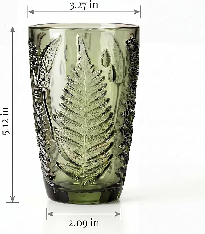 Green Drinking Glasses Set of 4, 12 oz Glass Cups, Vintage Fern Glassware | Hand-Pressed, Dishwasher Safe, Boho Leaf-Textured Drinkware, Embossed Highball Tumblers for Water, Retro Kitchen Gift