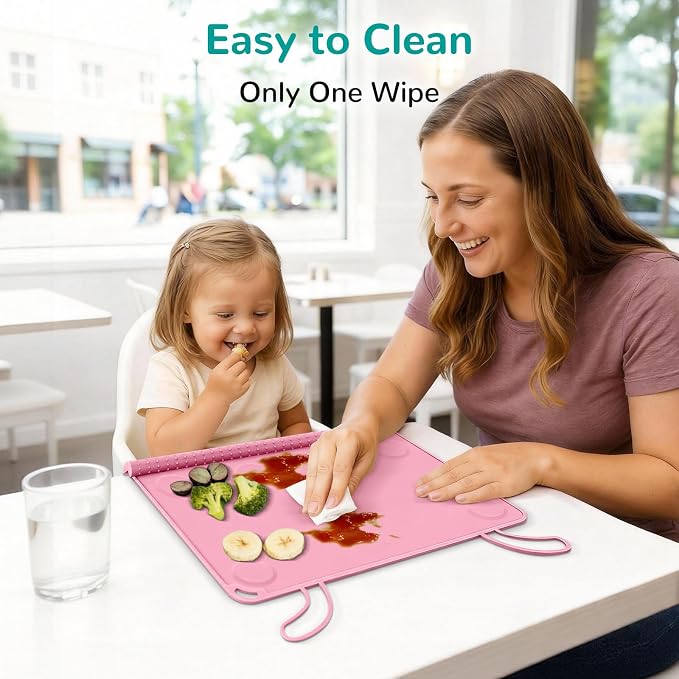 Silicone Placemat for Babygirls Eating-Out: Wipe Clean & Roll up for Outdoor - Pink Table Mat for Restaurant/Travel/On-The-Go