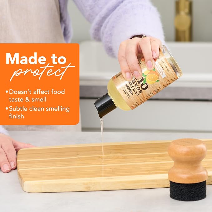 Cutting Board Oil 12 oz, Food Grade Mineral Oil added Orange Lemon Scent | Mineral Oil for Wood Cutting Boards, Butcher Blocks, Utensils, Lubricant for Knives. Soak for 2-3 Hours for Optimal Finish