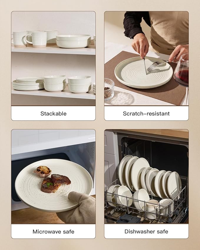 Stoneware Dinnerware Sets for 8, Plates and Bowls, Cream | 24-Piece Ceramic Speckled Spiral Dishes, Chip & Scratch Resistant, Microwave & Dishwasher Safe, Everyday Use, Farmhouse Style
