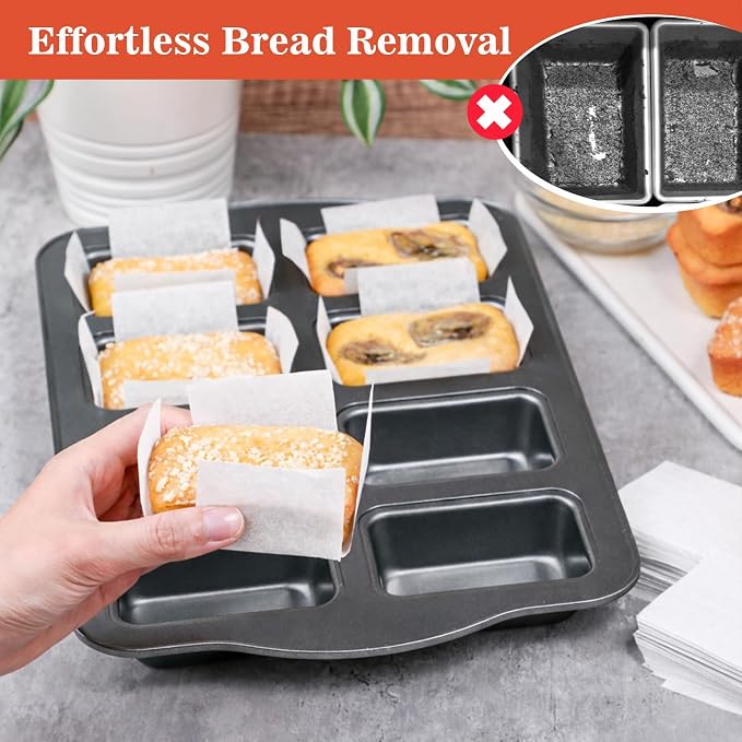 Webake 300pcs Unbleached Parchment Paper Mini Loaf Pan Liners Compatible with Wilton Mini Loaf Pan, Original Precut, Non Toxic Baking Papers for Banana Breads