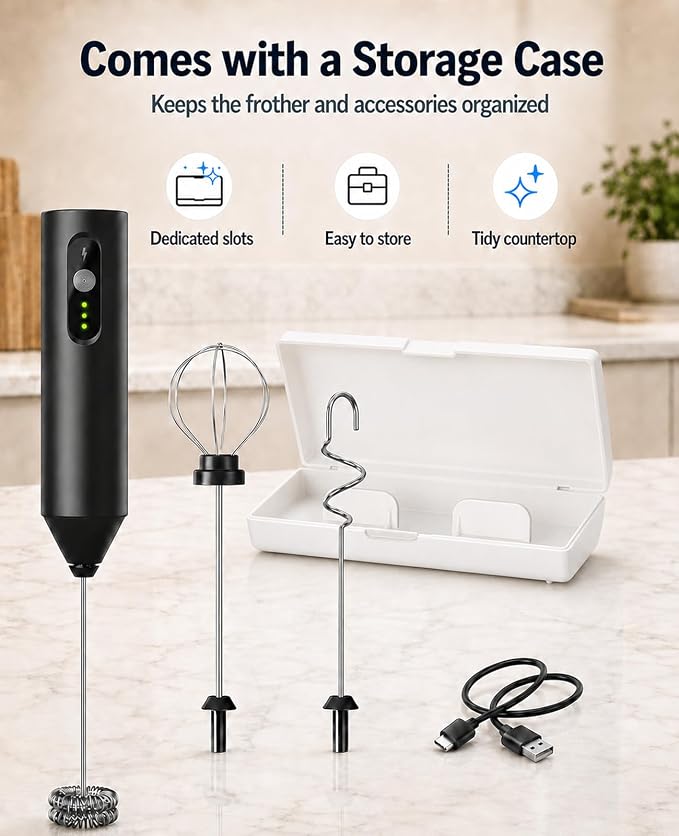Rechargeable Electric Milk Frother Handheld, Hand Mixer Coffee Frother Wand | Portable Drink Mixer with 3 Speeds, 3 Whisk Heads, Storage Case, Electric Whisk for Matcha Lattes Cappuccino, Kitchen Gifts