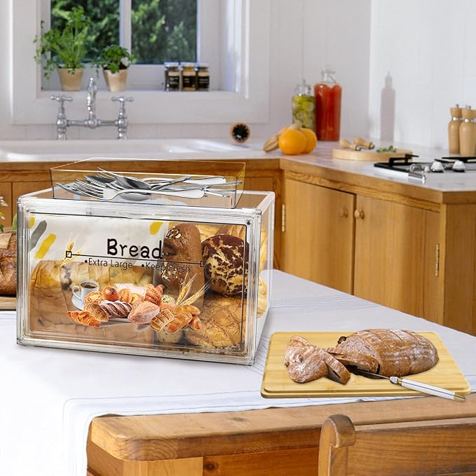 RISICULIS Large Bread Box for Kitchen Countertop, Bread Storage Container, and Utensil Organizer with Bamboo Cutting Board Lid, Clear Bin, Keeper for Homemade Bagel, Muffins, Rolls