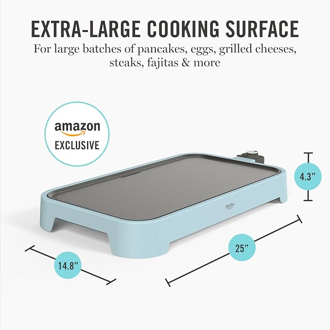 Martha Stewart 12"x 22" XL Electric Griddle, Ceramic Nonstick Flat Top | PFAS-Free Nonstick Grill, XL Cooking Surface for Pancakes & Eggs, Adjustable Temp Dial, Drip Tray, 1500W Heating, Sky Blue