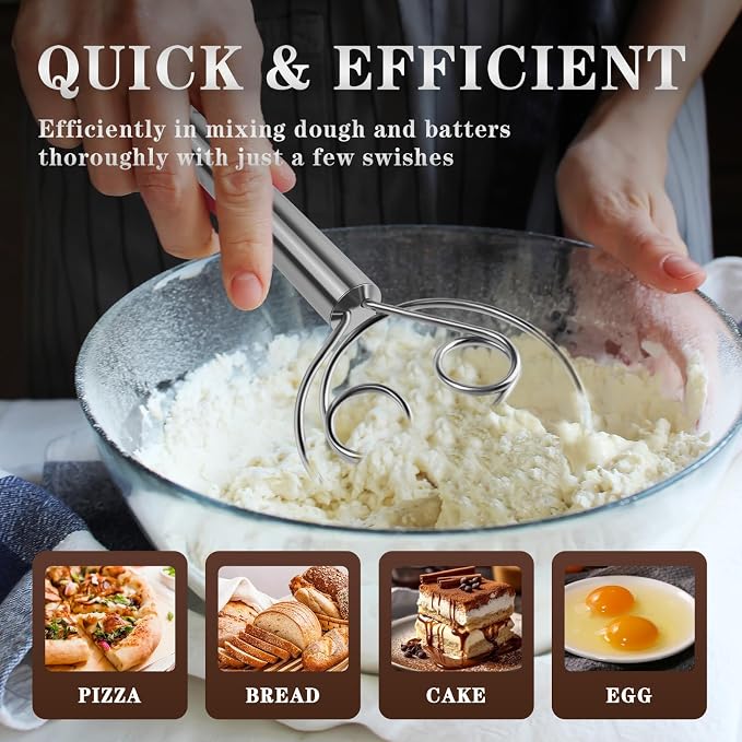 TEEVEA Danish Dough Whisk, Food Grade Stainless Steel for Sourdough Bread | Dutch Dough Hook, Replaces Hand Mixer and Spoon, Bread Baking Tool, Food Grade Rust Resistant Steel, Non-Stick, Easy to Clean