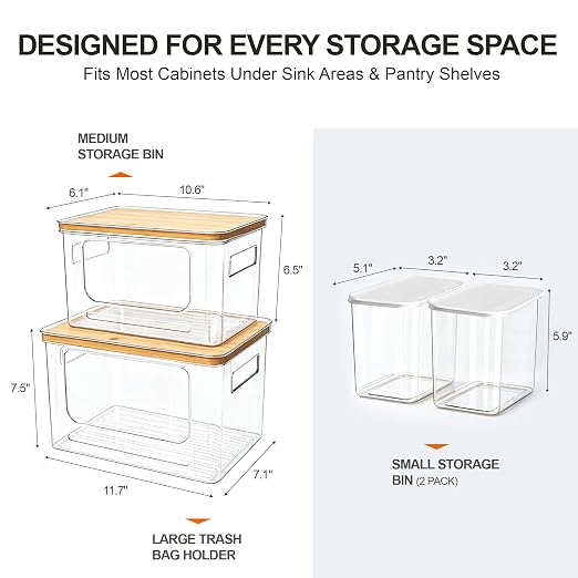 Trash Bag Organizer Under Sink Storage, 4 Piece Stackable Clear Storage Bins with Bamboo Lids, Fits 13/30/33 Gallon Bags, Organizer for Laundry Pods, Dishwasher Pods, Kitchen Pantry