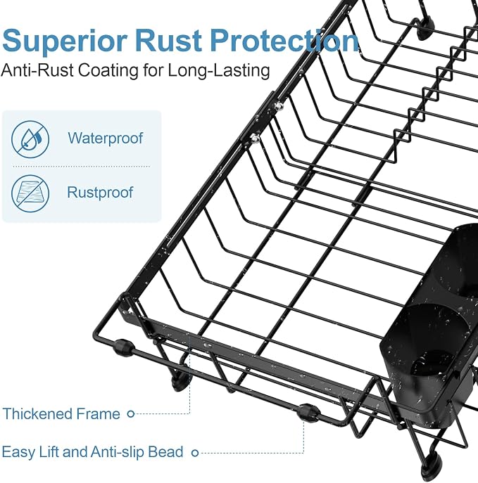 Expandable Dish Drying Rack with Silicone Mat for Kitchen Sink or Counter, Heavy Duty Adjustable Over Sink Dish Drainer with Square Corners, Fit for Modern Single & Double Sinks, Black