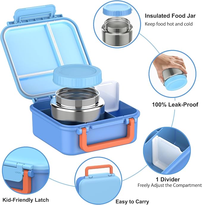 Kids Bento Lunch Box with Soup Thermo (9oz)– Hot & Cold Lunch Container with Leak Proof Insulated Food Jar for School Girls Boys, Ideal Size for Ages 3 to 7, Sky Blue & Coral
