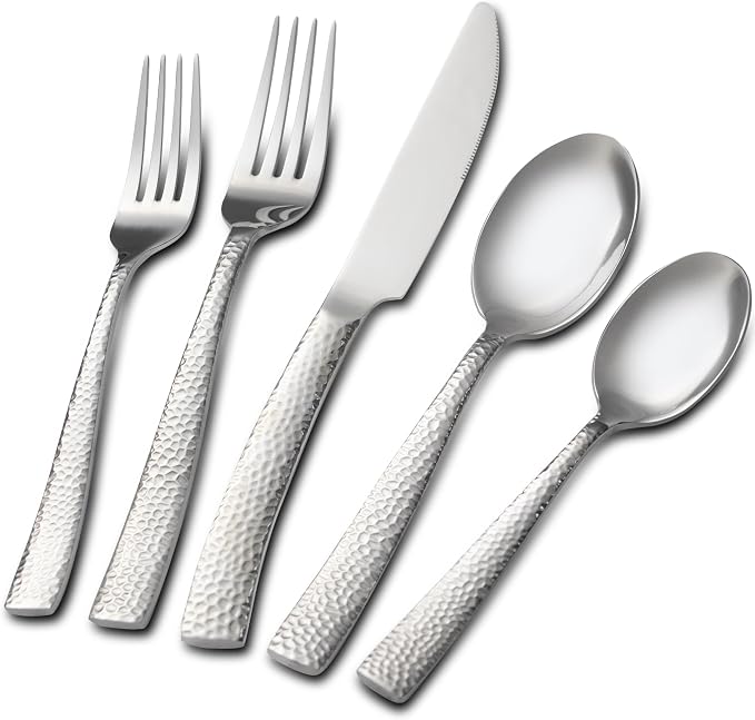 40 Piece Hammered Silverware Set, Food Grade Stainless Steel Flatware Set | Hammered Cutlery Set, Service for 8, Heavy Duty, Dishwasher Safe, Mirror Polished, Home, Party, Wedding