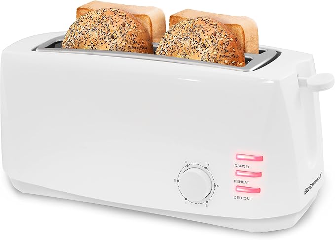 Elite Gourmet ECT-4829 4-Slice Long Slot Toaster, Extra-Wide Slots, White | 6 Toast Settings, Defrost, Reheat & Cancel Functions, Slide-Out Crumb Tray, Great for Bagels & Waffles