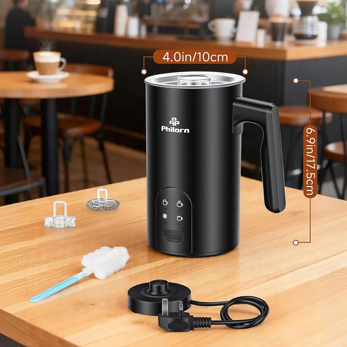 Philorn 4-in-1 Electric Milk Frother and Steamer, Frother for Coffee - Quick Hot & Cold Foam, Warm Milk, 350ml/11.8oz, Quiet, Auto Shut-Off, Non-Stick, for Coffee Lovers, Home & Office
