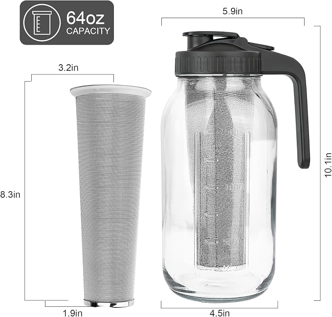 Cold Brew Coffee Maker, 64 oz Mason Jar Pitcher with Stainless Steel Filter, Pour Spout Handle Lid, Airtight & Leak-Proof for Iced Coffee,Tea & Lemonade