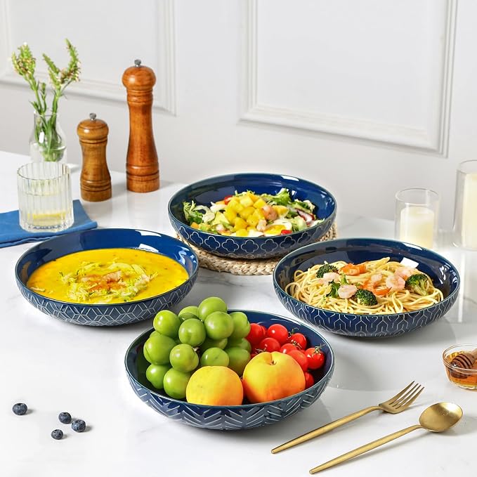 Sureasy 9.7" Pasta Bowls Set of 4-42 oz Large Salad Bowls for Kitchen, Embossed Ceramic Serving Bowls for Fruits, Soup, Pasta and Salad, Microwave & Dishwasher Safe, Blue