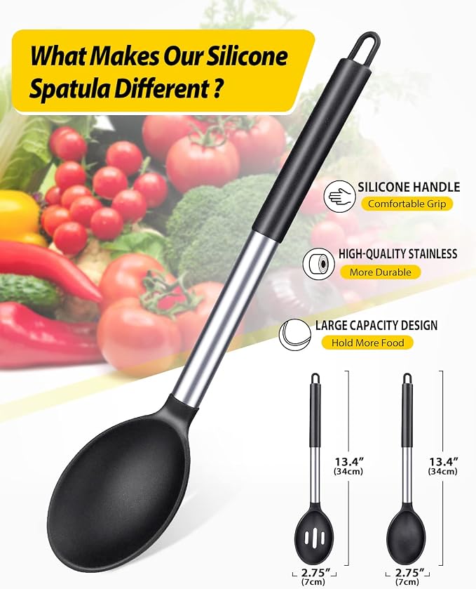 BUNDLEPRO Silicone Cooking Spoons for Non Stick Cookware, 2 Pack, Black | Heat Resistant, Large Kitchen Spoons for Mixing, Serving, Draining, Stirring