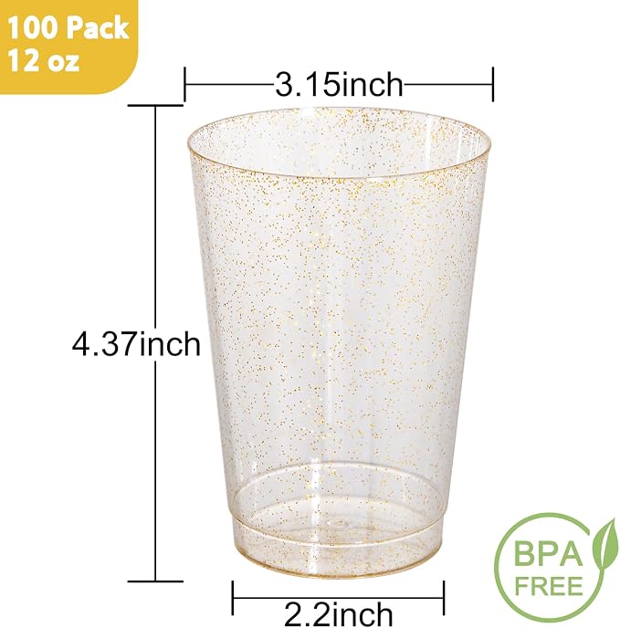 IOOOOO 100 Pack 12 oz Gold Glitter Cups, Clear Disposable Cups, Gold Plastic Wine Glasses Cocktail Glasses Heavy Duty Cups, 12 Ounce Glitter Plastic Tumblers for Party