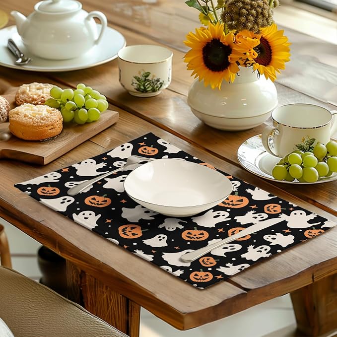 Halloween Placemats Set of 4 12x18 Inch Cute Ghost Pumpkin Table Mats Orange and Black Spooky Rustic Farmhouse Place Mat for Party Kitchen Dining Fall Decor
