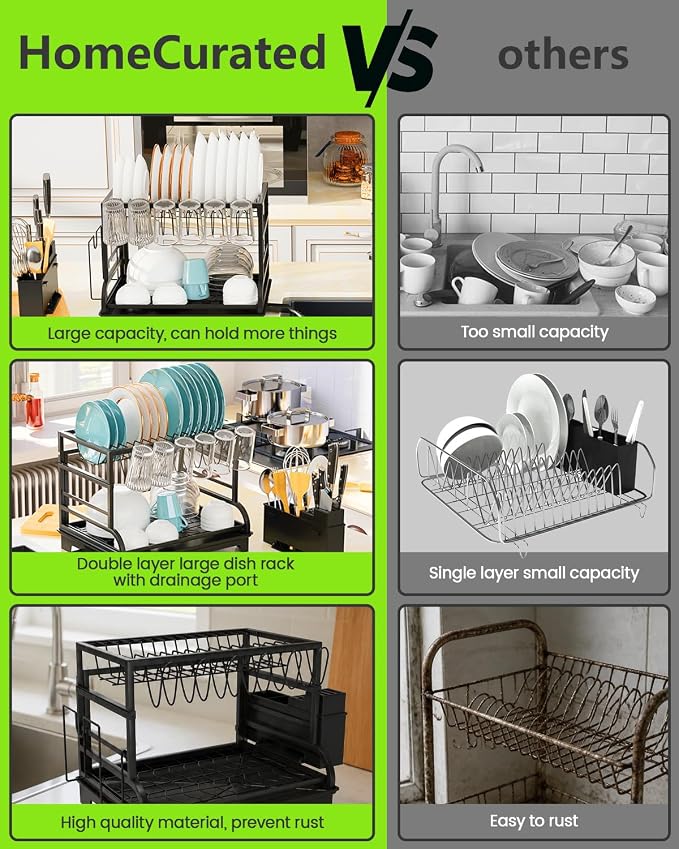 2-Tier Foldable Dish Drying Rack with Drainboard, Stainless Steel Large Capacity Kitchen Counter Organizer with Cup Holder, Utensil & Cutting Board Storage, No Assembly Required, Black
