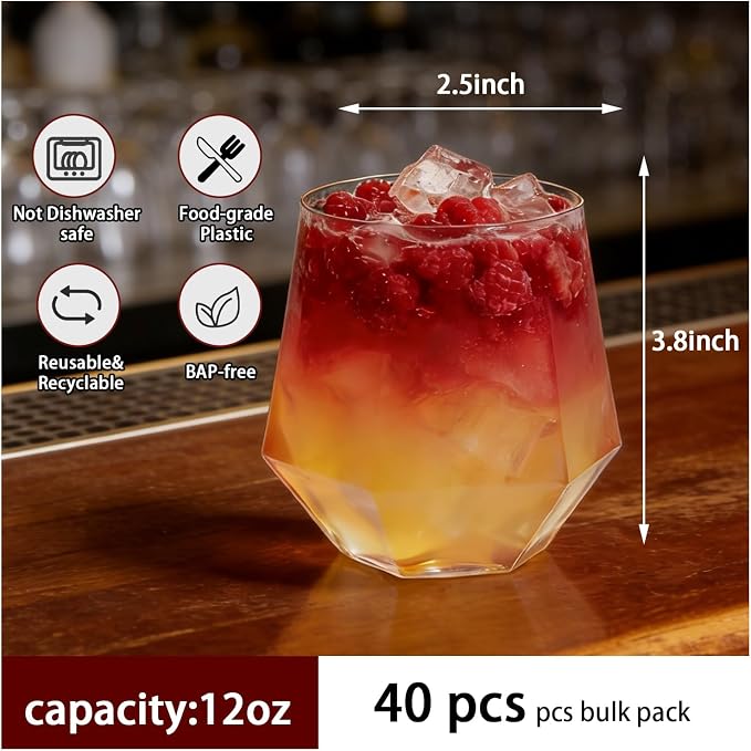 CHLJAR 40 Pack 12oz Stemless Plastic Wine Glasses, Clear Gold Rim Unbreakable Drinkware, Elegant Cups for Champagne Whiskey Cocktails, Weddings Parties Home Bars, Indoor Outdoor, Gifting Daily Use
