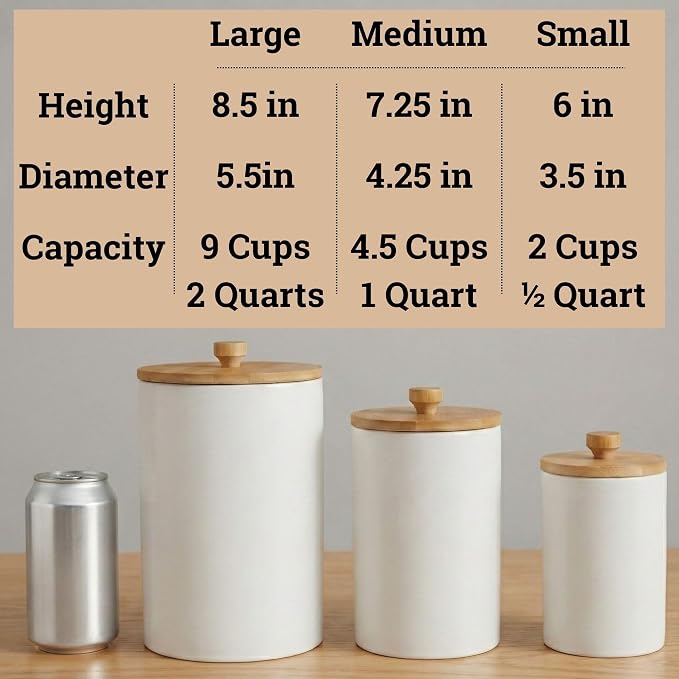 Ceramic Kitchen Canisters for Countertop Set of 3 w/ Airtight Bamboo Lids | Thick Sturdy Ceramic, Matte Finish, Airtight Easy Open Bamboo Lids, Comfortable Bamboo Handles, Jar Volumes: 2, 1, 0.5 quarts