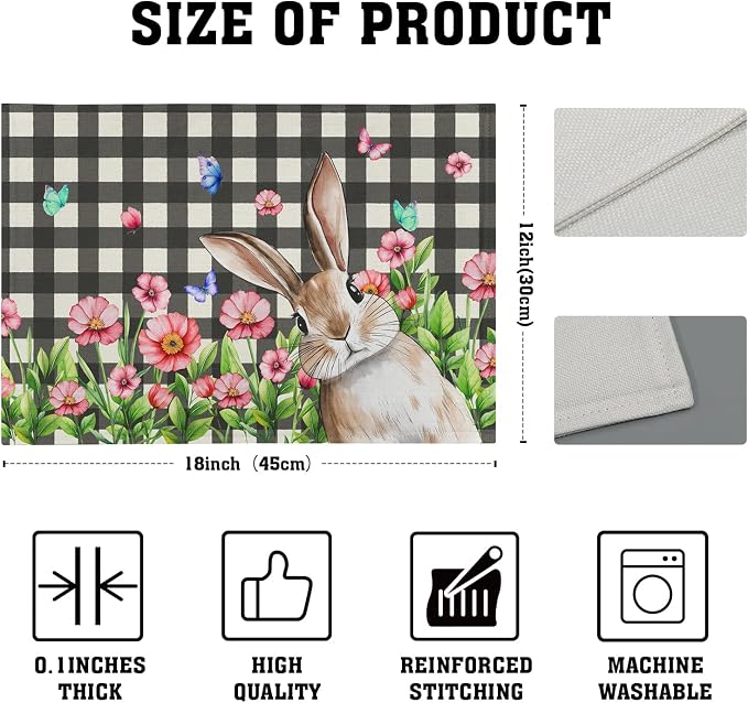 Buffalo Plaid Bunny Placemat Set of 4 12 x 18 Inch Pink Flowers Butterfly Farmhouse Linen Fabric Table Mats Outdoor Spring Seasonal for Party Kitchen Dining