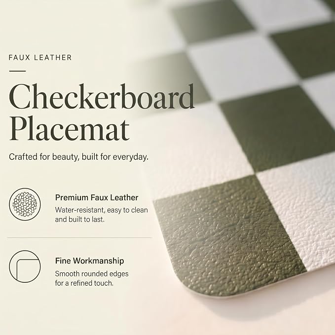 Set of 6 Checkerboard Non-Slip Washable Placemats for Dining Table | Waterproof & Heat-Resistant Faux Leather Mats | Easy Wipe Clean Tablemats for Indoor Dining, 17’’×12’’, Olive Green