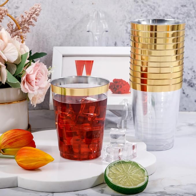DaYammi 200 Pack Gold Plastic Cups 10 Oz Clear Cup Gold Rimmed Disposable Wine Glasses Fancy Disposable Party Cups Tumblers Drinking Cup Plastic Cocktail Glasses gold disposable cups for Party Wedding