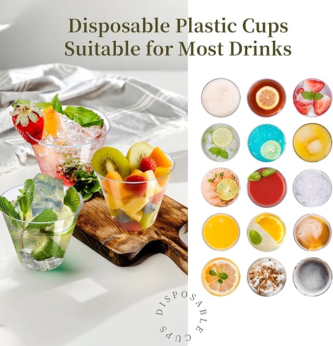 Byvivace 100Counts 9 OZ. Clear Plastic Cups Old fashioned Party Cups, Sturdy Plastic Wine Glasses Disposable Cups for Wedding Party